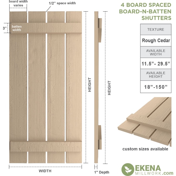 Rustic Four Board Spaced Board-n-Batten Rough Cedar Faux Wood Shutters, 23 1/2W X 58H